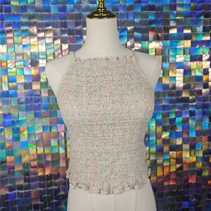 Smocked Halter Top Ruffle Trim Sleeveless Crop Tank Pastel Floral‎ Print